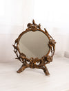 Antique Circular Bronze Tone Standing Metal Mirror with Floral Designs