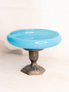 Antique Medium Blue Opaline Style Glass Compote with Silver Tone Metal Base