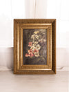 Antique Moody Pink White Black Floral Painting with Ornate Gold Tone Frame