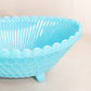 Vintage Oval Blue Milk Glass Bowl with 4 Toes and Chainlink Designs