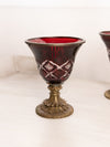Antique Ruby Red and Clear Cut Glass Goblet with Brass Details