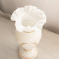 Tall White Glass Vase with Ruffled Edge and Gold Details