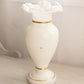 Tall White Glass Vase with Ruffled Edge and Gold Details
