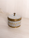 Blue Enameled Circular Brass Lidded Jar with Pink Floral Designs