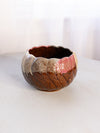 Brown Ceramic Cupped Planter with Blue, Pink & Cream Details