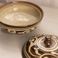 Brown & Beige Ceramic Scroll Detail Lidded Jar