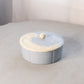 Circular Light Blue Ceramic Lidded Dish with Feather Design on Top