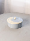 Circular Light Blue Ceramic Lidded Dish with Feather Design on Top