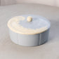 Circular Light Blue Ceramic Lidded Dish with Feather Design on Top