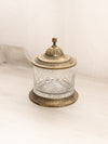 Clear Cut Glass and Brass Lidded Jar with Ornate Details
