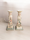 Cream, Pink, Green Floral Ceramic Candlesticks (Set of 2)