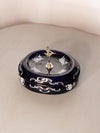 Dark Blue & White Lidded Ceramic Dish with Ballerina Finial