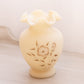 Fenton Cream Satin Glass Vase with Hand Painted Flowers & Ruffle Edge