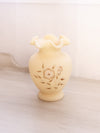 Fenton Cream Satin Glass Vase with Hand Painted Flowers & Ruffle Edge