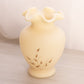 Fenton Cream Satin Glass Vase with Hand Painted Flowers & Ruffle Edge