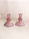 Fenton Dark Pink Iridescent Glass Daisy & Button Candlesticks (Set of 2)