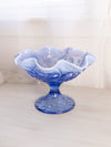 Fenton Large Blue Opalescent Glass Water Lily Compote with Ruffle Edge