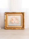 Horizontal Peachy Pink Light Blue Floral Painting w/ Ornate Gold Frame