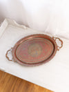 Large Brass Tray with Peacock Design, Red Enamel, and 2 Handles
