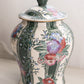 Large Floral Green & White Striped Ceramic Lidded Jar