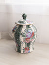 Large Floral Green & White Striped Ceramic Lidded Jar