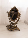 Large Gold Tone Cast Iron Oval Floral Standing Mirror w/ Bird Accents