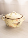 Large Oval Yellow Ceramic Lidded Bird and Floral Handled Dish