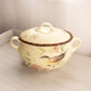 Large Oval Yellow Ceramic Lidded Bird and Floral Handled Dish