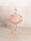 Large Pink Glass Pedestal Lidded Dish with Diamond Point Design