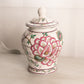 Large White Ceramic Lidded Pink Green Floral Ginger Jar