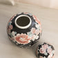 Medium Black Ceramic Lidded Ginger Jar with Floral Designs