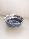 Medium Blue Ceramic Bowl with Floral & Woven Pattern Details