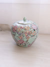 Medium Blue Green Ceramic with Hand Painted Bird and Floral Lidded Jar
