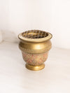 Medium Brass Enameled Lidded Flower Frog Vase with Floral Designs