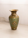 Medium Brass Vase with Green and Gold Enameled Floral Details