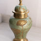 Medium Green and Gold Tone Brass Lidded Jar with Floral Designs
