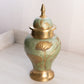 Medium Green and Gold Tone Brass Lidded Jar with Floral Designs