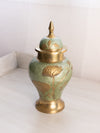 Medium Green and Gold Tone Brass Lidded Jar with Floral Designs