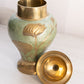 Medium Green and Gold Tone Brass Lidded Jar with Floral Designs