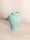 Medium Light Teal Blue Ceramic Vase with Bird and Floral Designs
