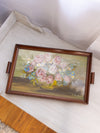 Medium Rectangular Dark Brown Wooden Tray with Floral Painting