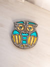 Medium Silver Tone Metal Owl Trivet with Teal and Yellow Details