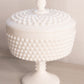 Medium White Milk Glass Hobnail Pedestal Lidded Dish