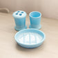 Mosser Blue Milk Glass Toothbrush Holder, Cup & Dish Bathroom Set