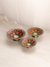 Set of 3 Brass Bowls with Pink, Orange & Green Enameled Floral Details