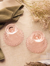 Short Pink Glass Candleholders with Floral Textured Details (Set of 2)