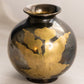Short Round Silver and Gold Tone Brass Vase with Floral Designs