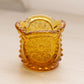 Small Amber Glass Toothpick Holder with Burst Designs & Sawtooth Edge