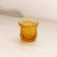 Small Amber Glass Toothpick Holder with Burst Designs & Sawtooth Edge