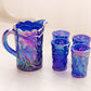 Small Blue Iridescent Glass Bird Mini Pitcher with 4 Tiny Glasses